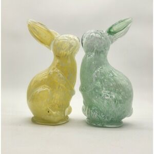 Vintage Art Glass Hand Blown Rabbit Figurine Set Yellow Green Spatter Glass